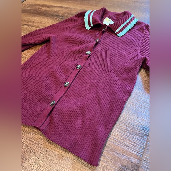 ANTHRO MAEVE Plunging Long-Sleeve Polo Cardigan Burgundy Baby Blue Ribbed Small - Picture 11 of 17